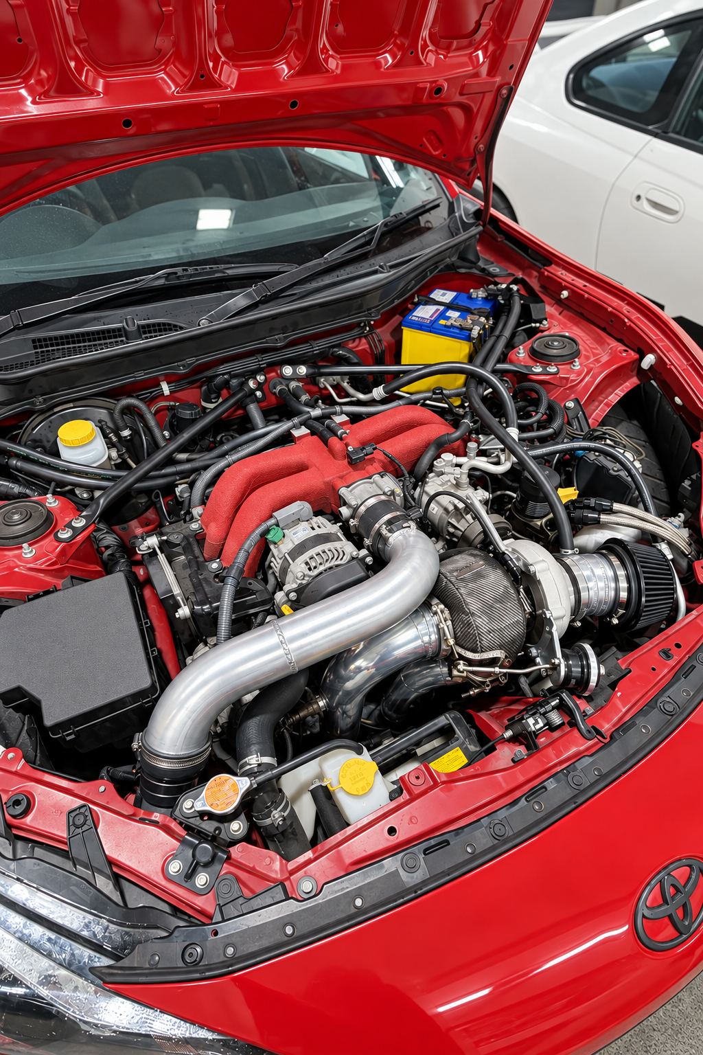 Boosted Engineering turbo kit installed in a Toyota 86 engine bay