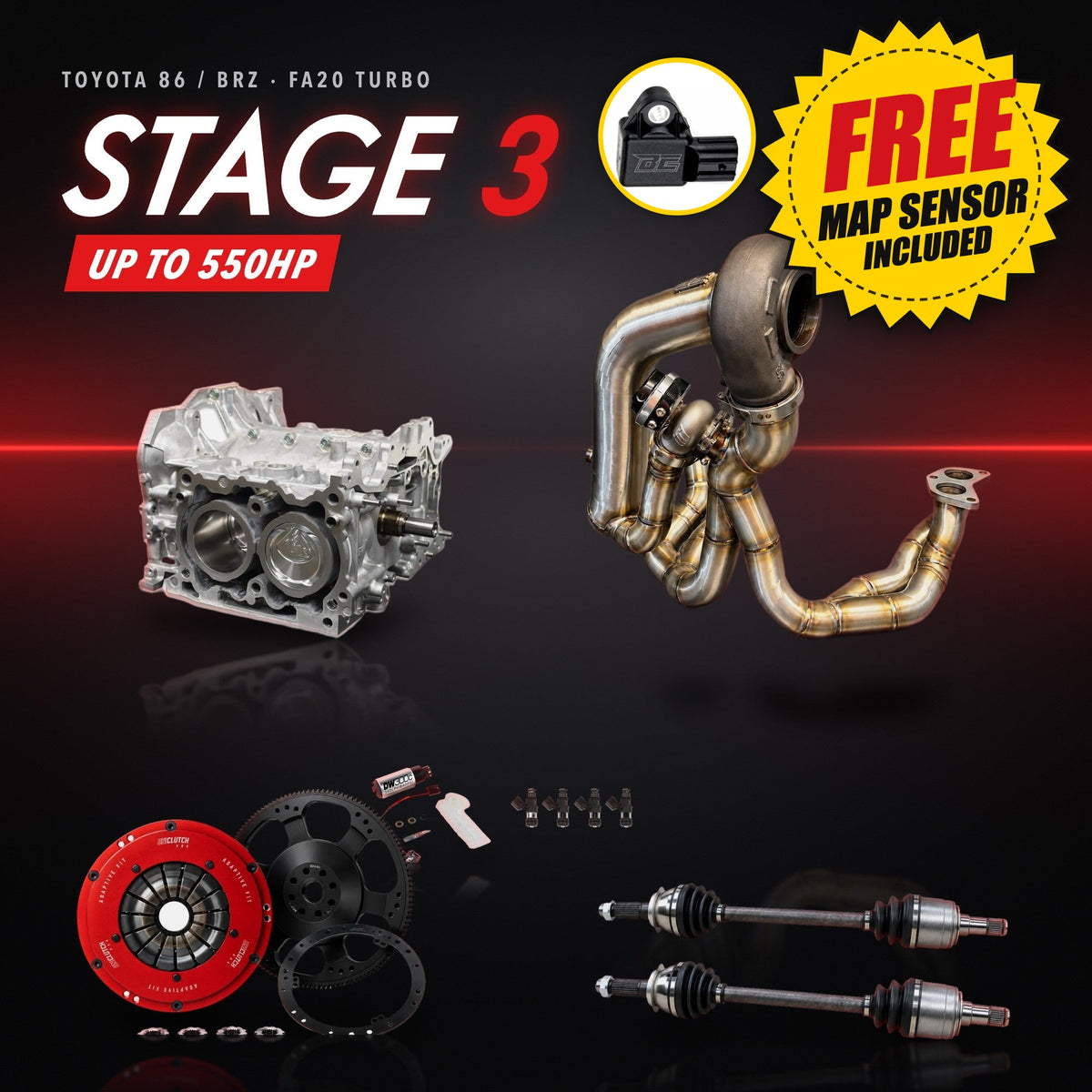 トヨタ 86 / スバル BRZ (FA20) ターボ ステージ3 パッケージ – ターボキット + 燃料系 + クラッチ + アクスルシャフト + 鍛造ショートブロック