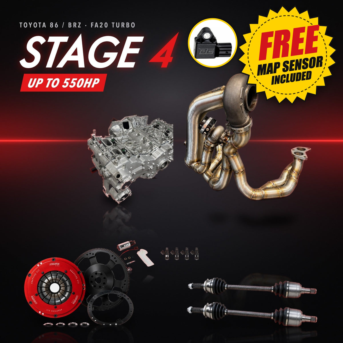 トヨタ 86 / スバル BRZ (FA20) ターボ ステージ4 パッケージ – ターボキット + 燃料 + ツインディスククラッチ + アクスル + 鍛造ロングブロック