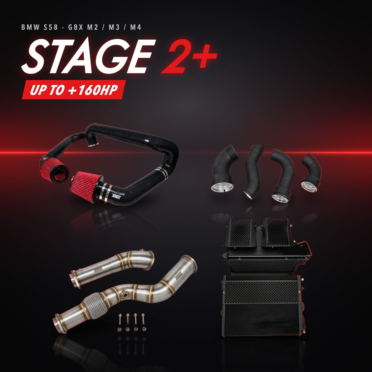 BMW S58（G80 M3 / G82 M4 / G87 M2）ステージ2+パッケージ – インテーク + チャージパイプ + ダウンパイプ + ヒートエクスチェンジャー