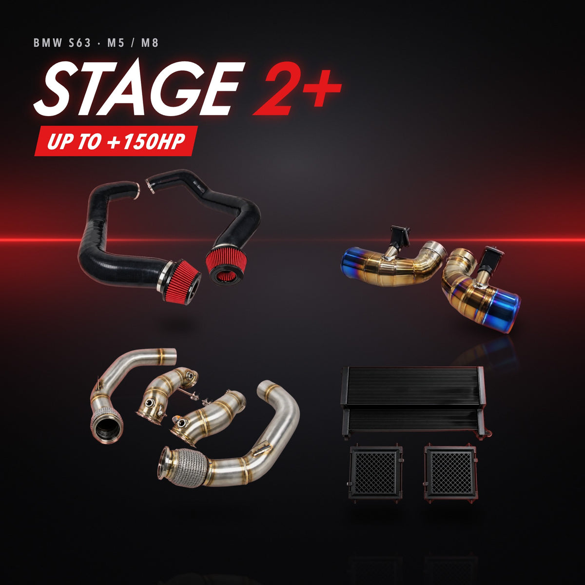 BMW S63（F90 M5 / F92 M8）ステージ2+パッケージ – インテーク + チタン製チャージパイプ + ダウンパイプ + ヒートエクスチェンジャーキット