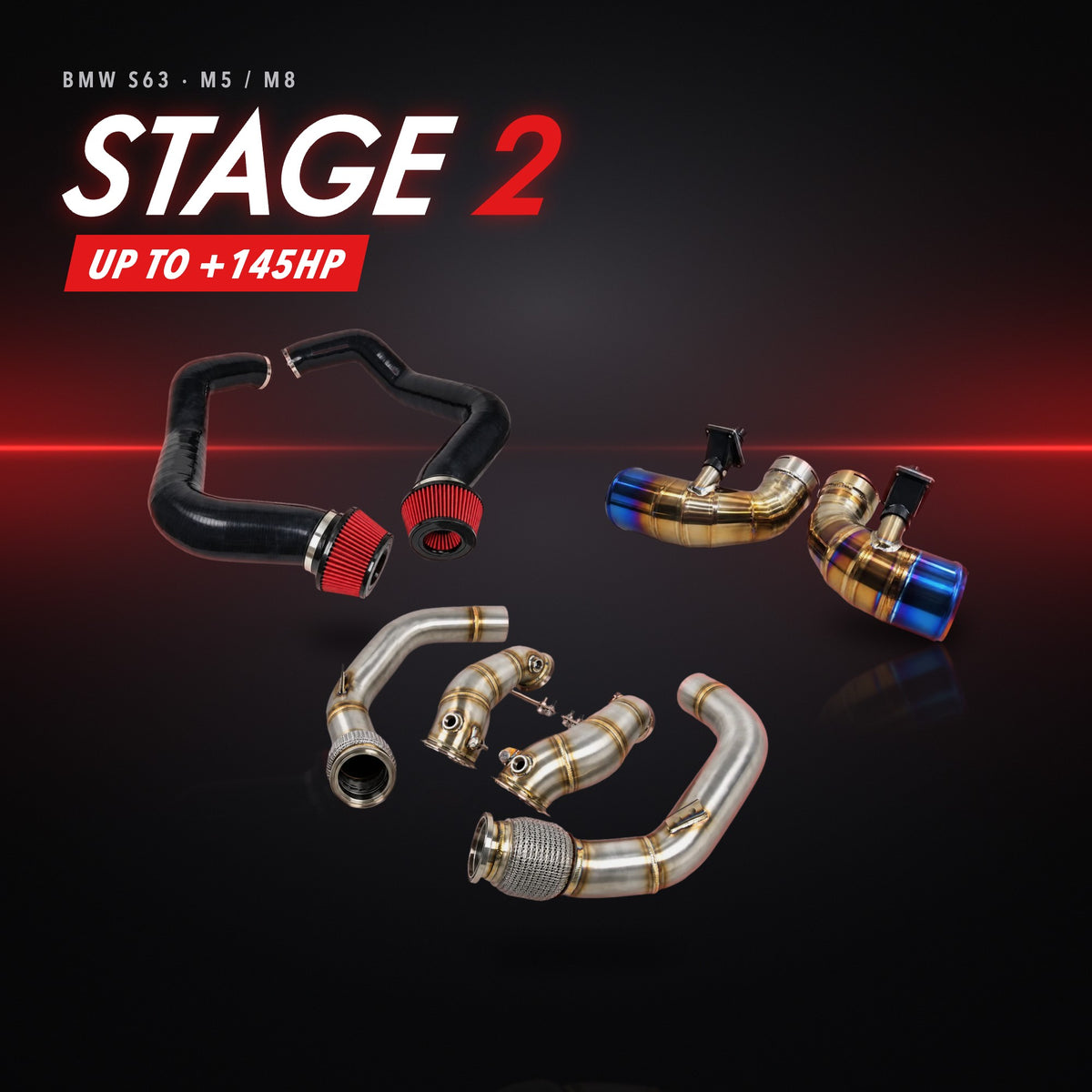 BMW S63（F90 M5 / F92 M8）ステージ2パッケージ – フロントマウントエアインテーク + チタン製チャージパイプ + ダウンパイプ