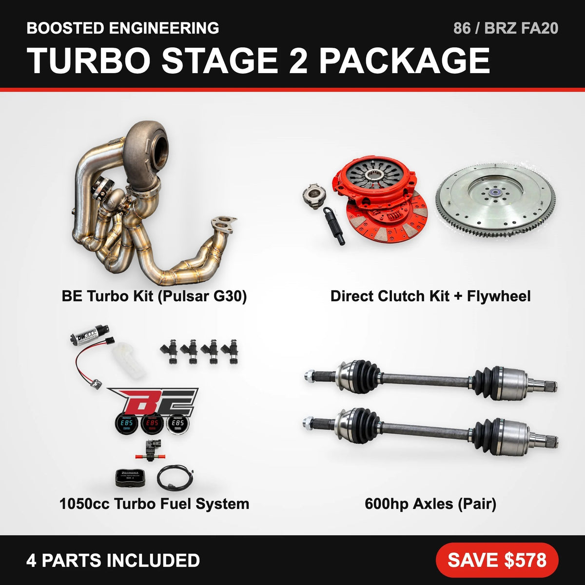 Toyota 86 / Subaru BRZ (FA20) Turbo Stage 2 Package – Turbo Kit + Clutch & Flywheel + Fuel System + Axles