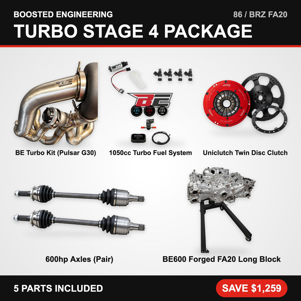 Toyota 86 / Subaru BRZ (FA20) Turbo Stage 4 Package – Turbo Kit + Fuel + Twin Disc Clutch + Axles + Forged Long Block