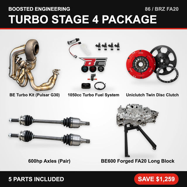 Toyota 86 / Subaru BRZ (FA20) Turbo Stage 4 Package – Turbo Kit + Fuel + Twin Disc Clutch + Axles + Forged Long Block