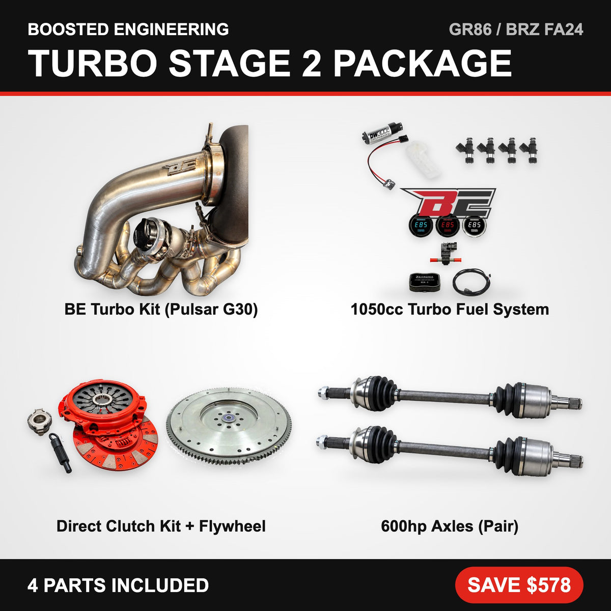Toyota GR86 / Subaru BRZ (FA24) Turbo Stage 2 Package – Turbo Kit + Fuel System + Clutch & Flywheel + Axles