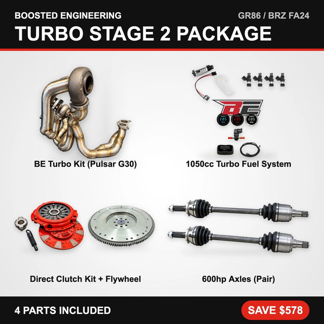 Toyota GR86 / Subaru BRZ (FA24) Turbo Stage 2 Package – Turbo Kit + Fuel System + Clutch & Flywheel + Axles