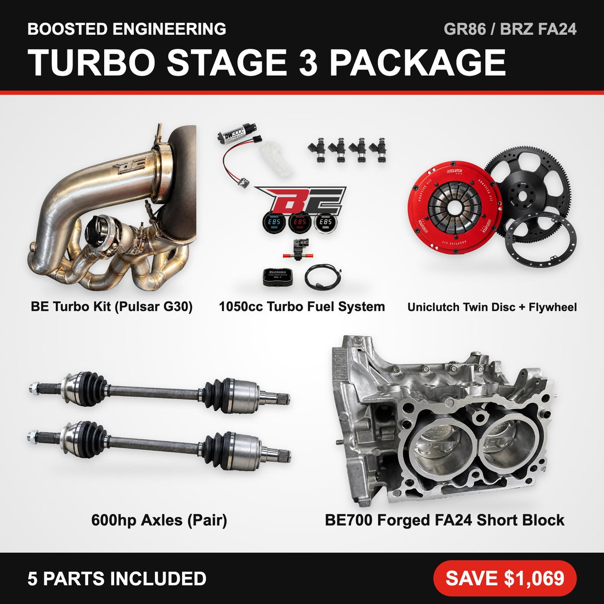 Toyota GR86 / Subaru BRZ (FA24) Turbo Stage 3 Package – Turbo Kit + Fuel + Twin Disc Clutch & Flywheel + Axles + Forged Short Block
