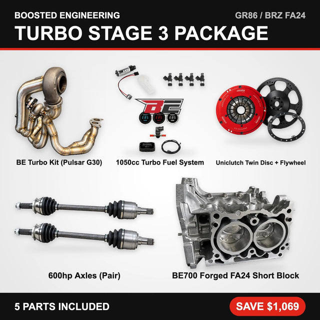 Toyota GR86 / Subaru BRZ (FA24) Turbo Stage 3 Package – Turbo Kit + Fuel + Twin Disc Clutch & Flywheel + Axles + Forged Short Block