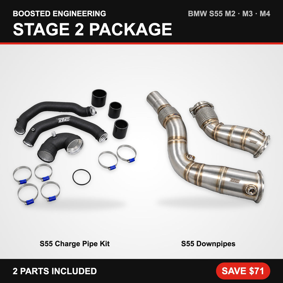 BMW S55 (F80 M3 / F82 M4 / F87 M2C) Stage 2 Package – Charge Pipe + Downpipes